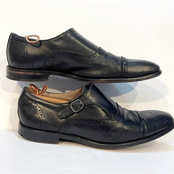 Banana Republic Mens 10.5 Black Leather Cap Toe Strap Oxford Business Dress Shoe - Picture 3 of 10